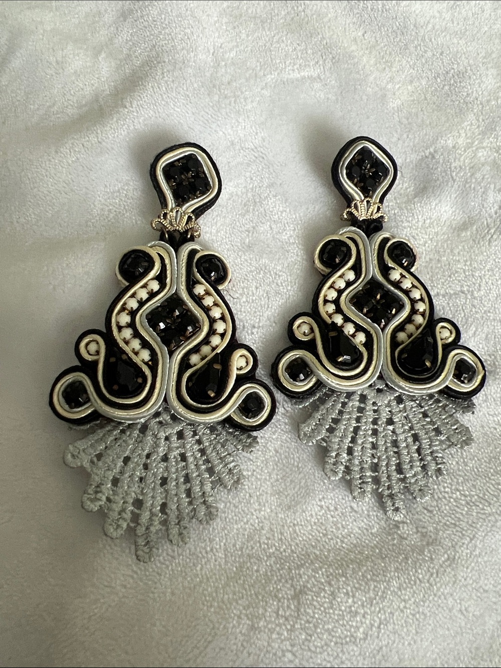 Handcrafted Black and Silver Soutache Statement Earrings